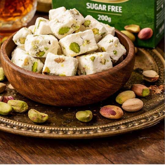 هدیه سوغات گز کرمانی 20 درصد مغز پسته بدون شکر رژیمی لقمه