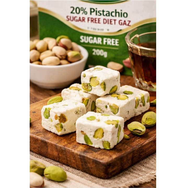 هدیه گز کرمانی 20 درصد مغز پسته بدون شکر رژیمی لقمه